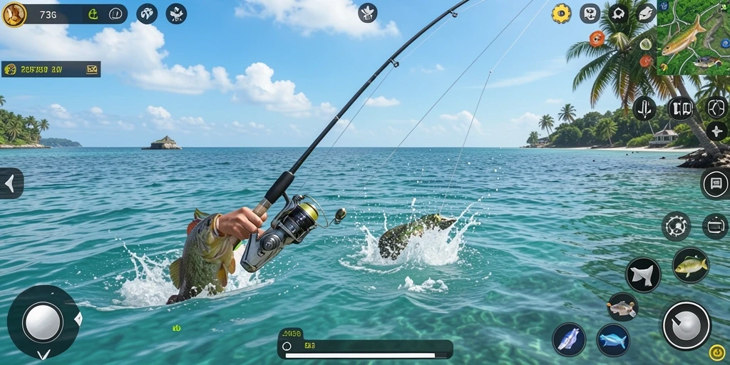 Screenshot gameplay 73K menampilkan suasana memancing yang mendebarkan.