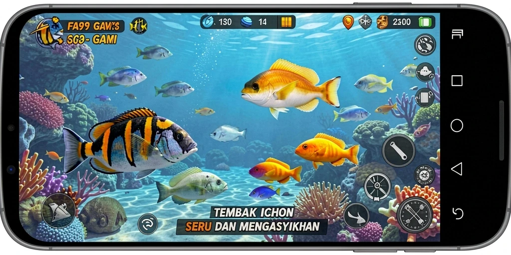 Screenshot gameplay FA99 menampilkan aksi menembak ikan yang seru.