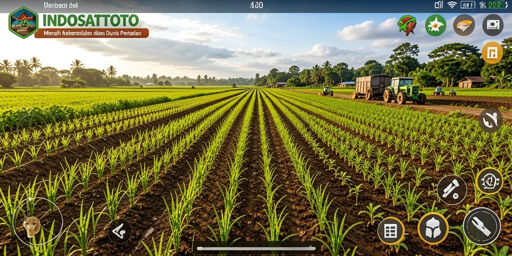 Screenshot gameplay <strong>INDOSATTOTO</strong> menunjukkan petani yang memanen hasil tani di ladang.