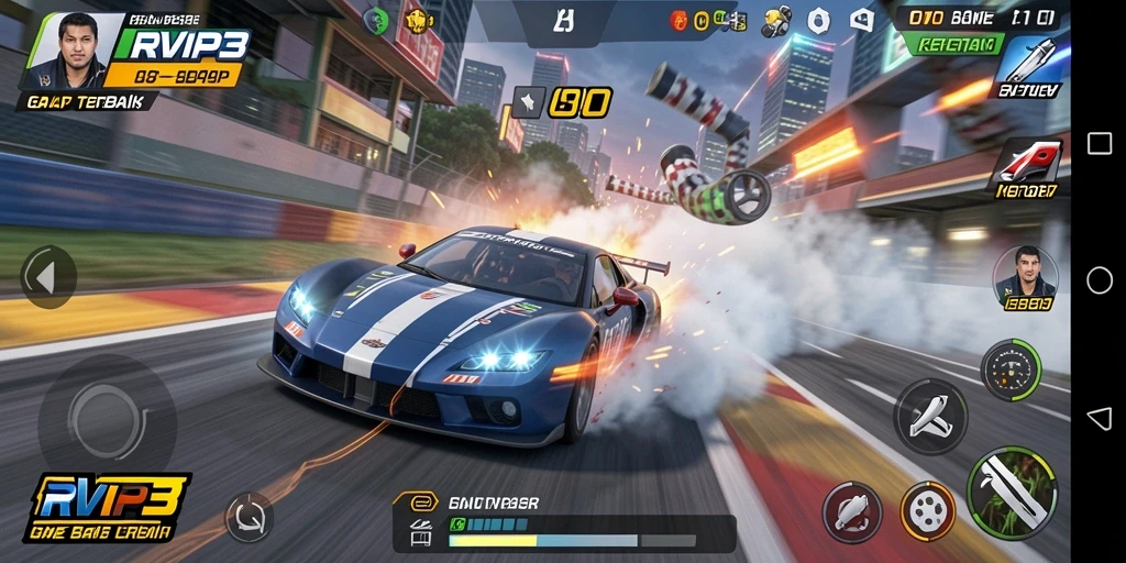 Tampilan gameplay RVIP3 yang mendebarkan dengan mobil dan lintasan balap.