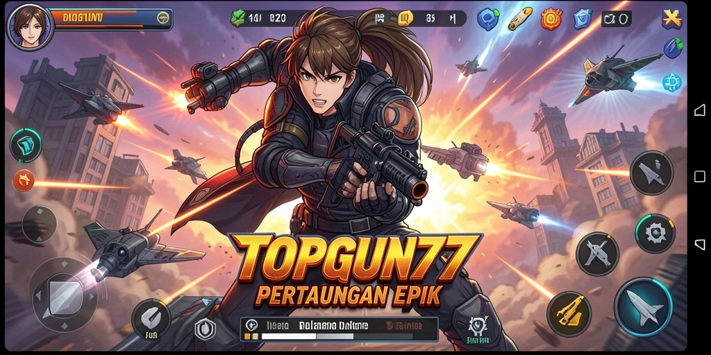 Screenshot utama TOPGUN77 menampilkan aksi pertarungan karakter anime.