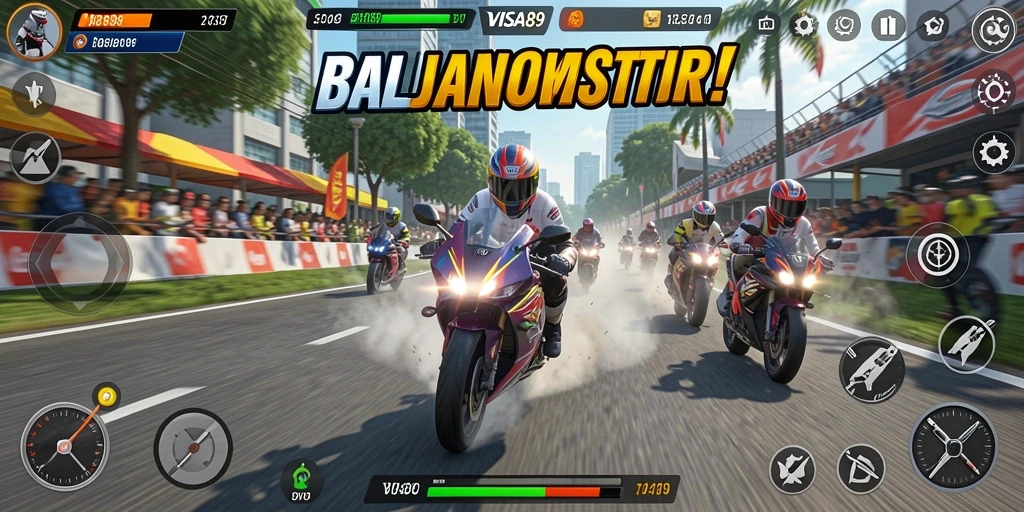 Tampilan gameplay balapan motor yang mendebarkan dan penuh tantangan.
